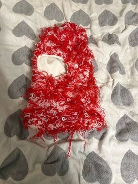 ethika Red & White Fuzzy Kids Balaclava Hood